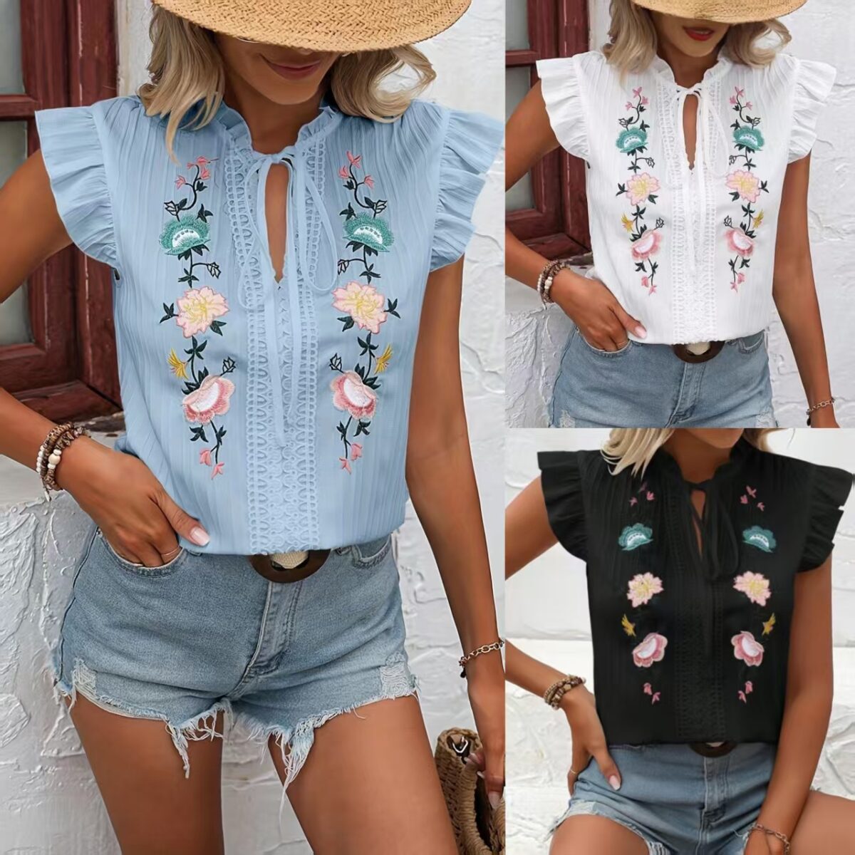 Sweetheart Flutter Sleeve Embroidered Blouse for Women - Image 6