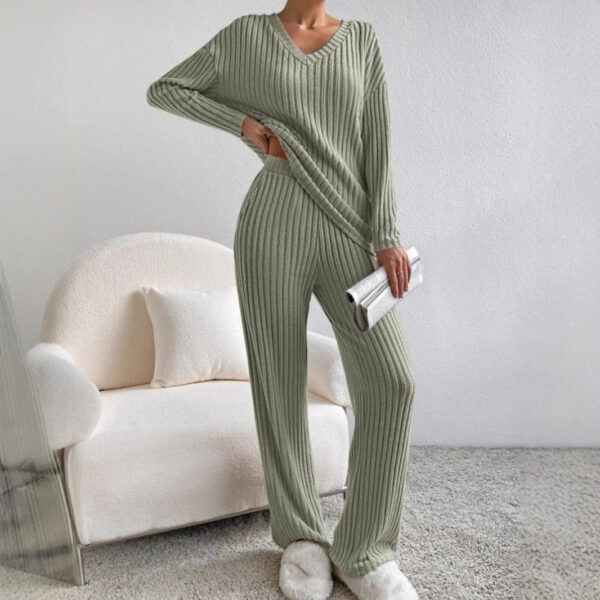 Fashionable Casual Loose V-neck Ribbed Knit Set with Straight Leg Trousers for Women