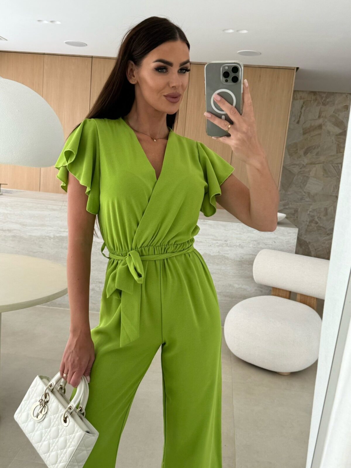 Fashionable  V-neck Waist-cinching Wide-leg Pants Pure Color Waistband Flare Sleeve Women's Jumpsuit - Image 8