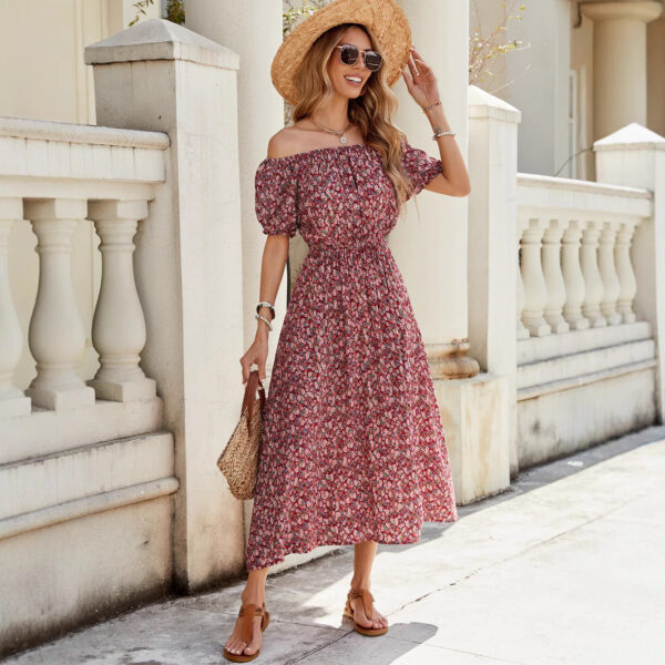 Spring Summer Women's Vacation Small Floral One-Shoulder Short Sleeve Dress Waist-Cinched Cotton Satin Rayon Mid-Length Dress