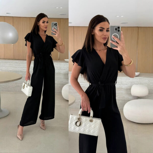Fashionable  V-neck Waist-cinching Wide-leg Pants Pure Color Waistband Flare Sleeve Women's Jumpsuit