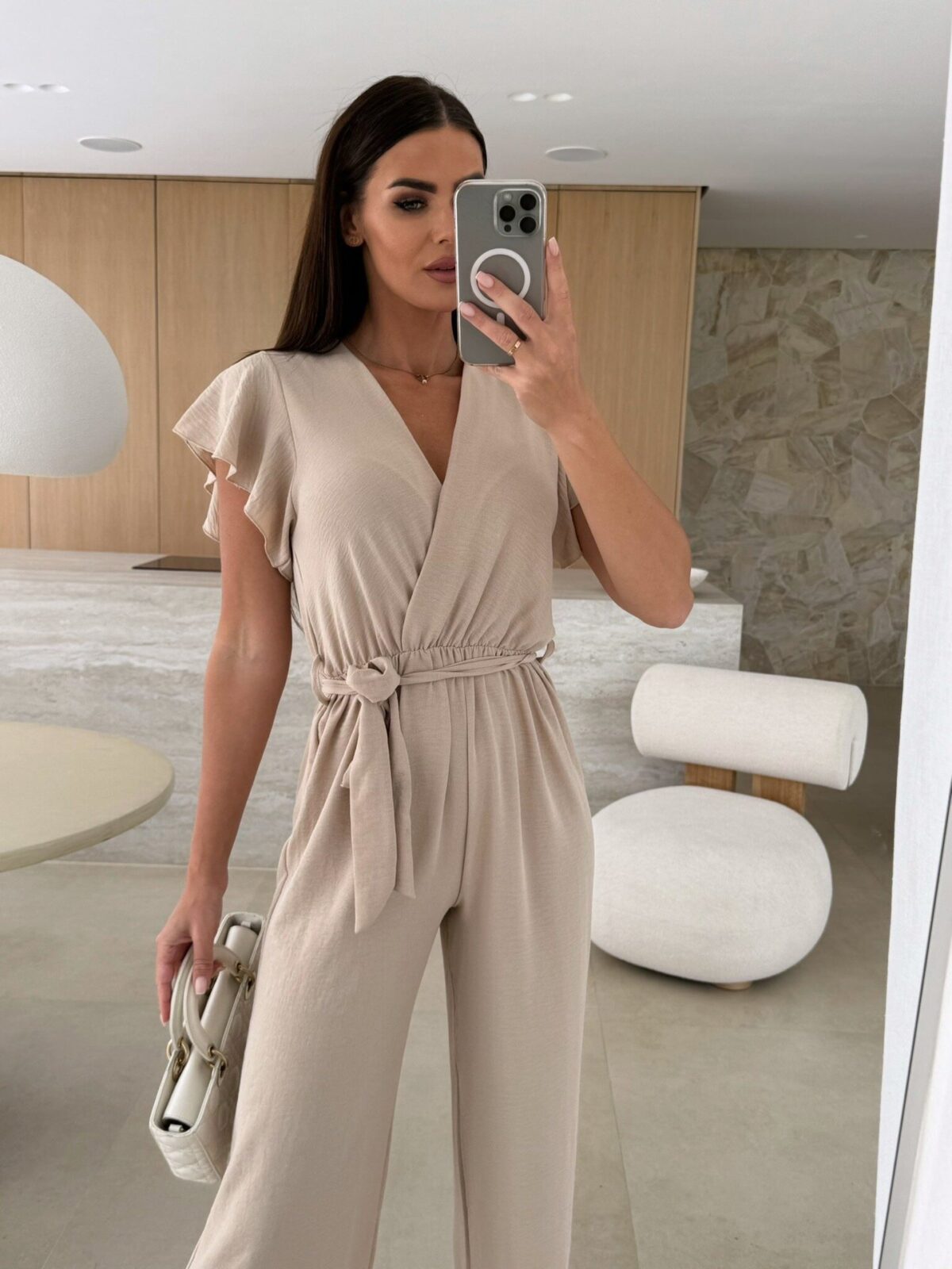 Fashionable  V-neck Waist-cinching Wide-leg Pants Pure Color Waistband Flare Sleeve Women's Jumpsuit - Image 9