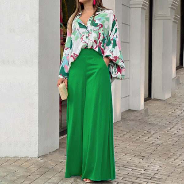 Women's Fashion Print Long Sleeve Shirt and Elegant Trousers Set