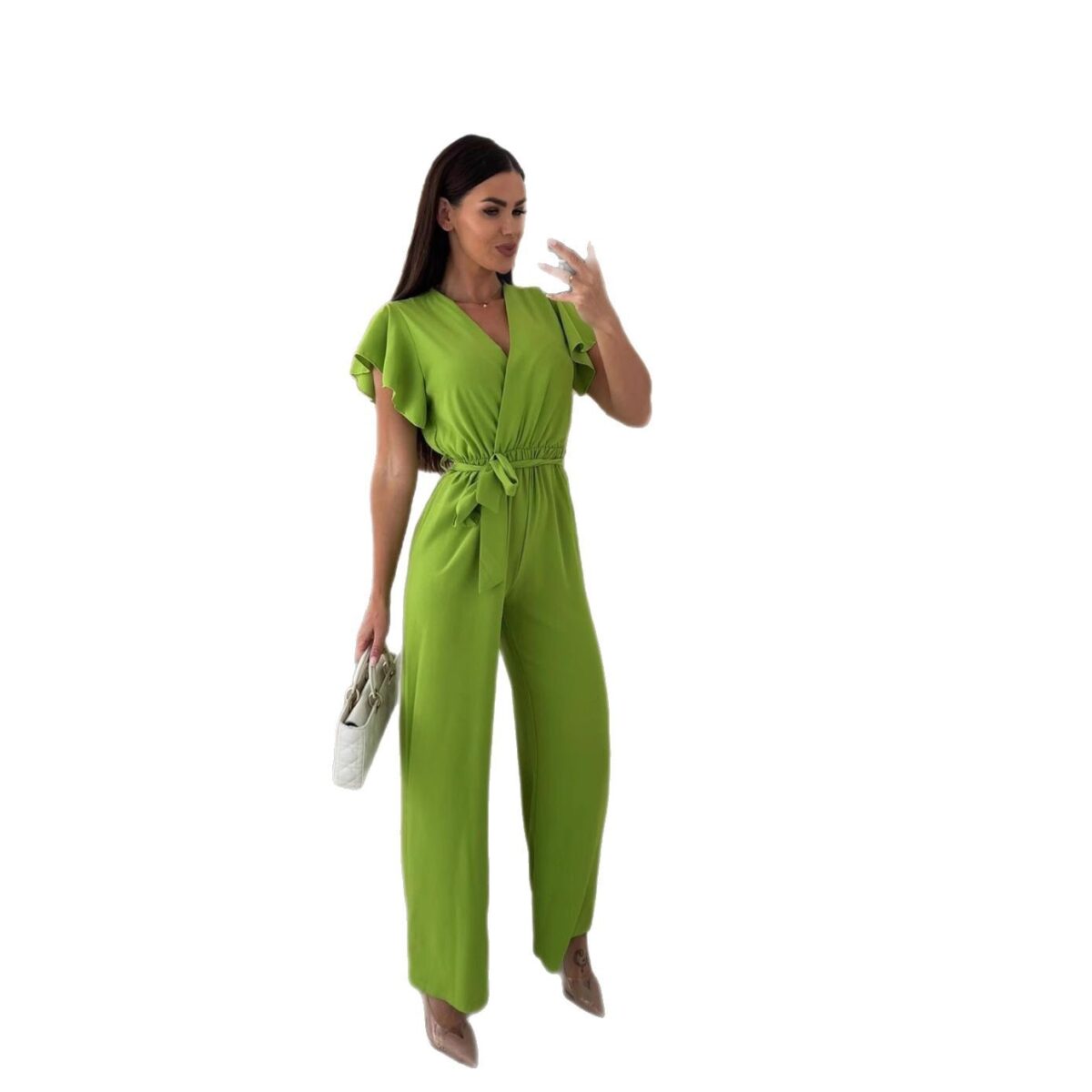 Fashionable  V-neck Waist-cinching Wide-leg Pants Pure Color Waistband Flare Sleeve Women's Jumpsuit - Image 5