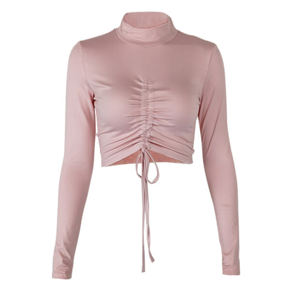 Women's Half high neck long sleeved T-shirt top with pleats and exposed navel