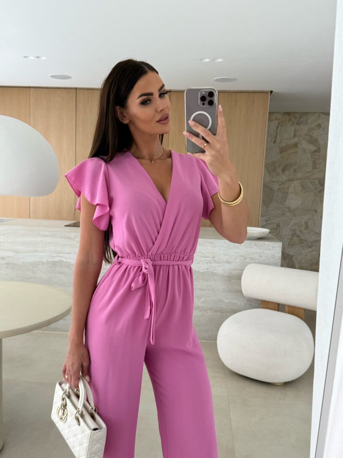 Fashionable  V-neck Waist-cinching Wide-leg Pants Pure Color Waistband Flare Sleeve Women's Jumpsuit - Image 7
