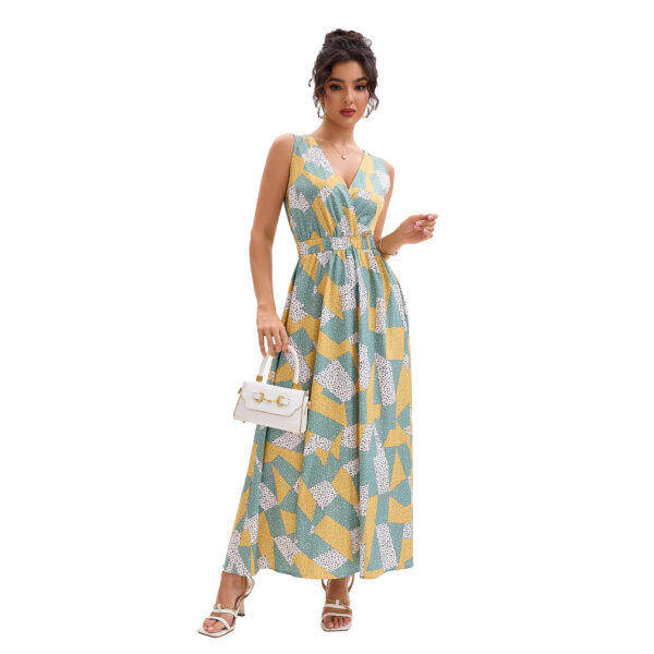 Irregular Geometric Print Sleeveless V-neck Elegant Waist-Cinching Flared Dress