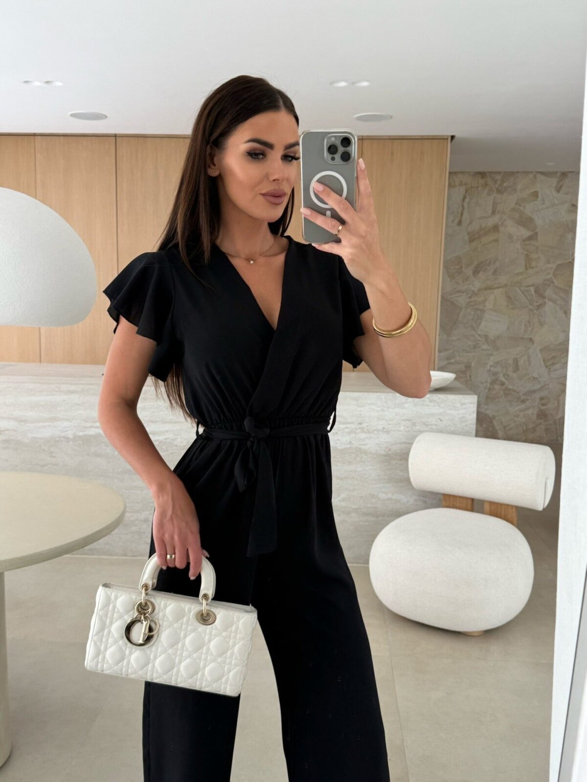 Fashionable  V-neck Waist-cinching Wide-leg Pants Pure Color Waistband Flare Sleeve Women's Jumpsuit - Image 6