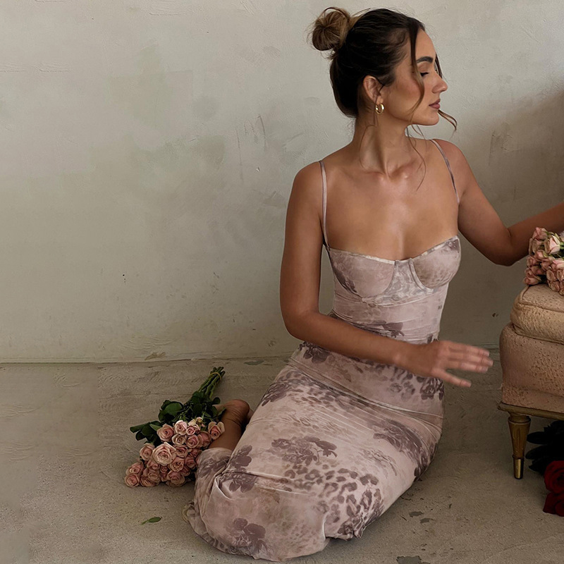 Strapless Chest-Enhancing Floral Print Long Dress Women's Elegant Fitted Waist-Slimming Dress - Image 2