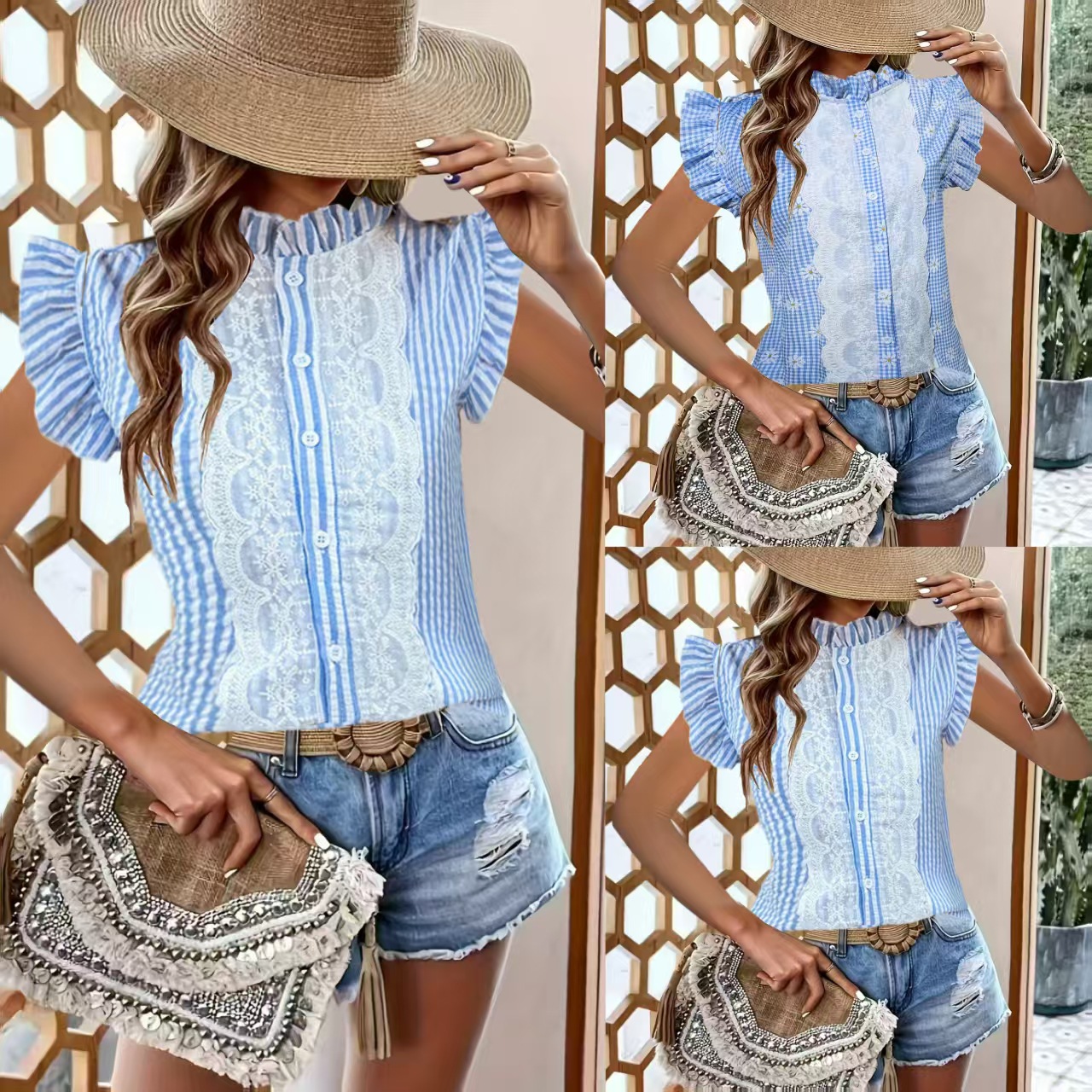 Striped Lace Splicing Blouse with Ruffled Flutter Sleeves for Women
